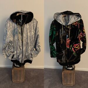 Christian Audigier Black and Silver Hooded Reversible Jacket